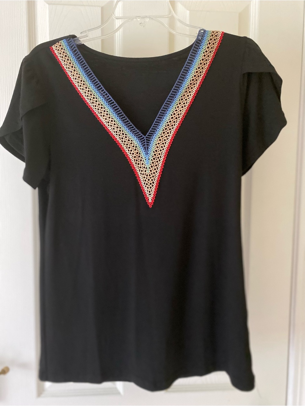 Black V-Neck Short Sleeve Top with Multicolor Trim (Size S)